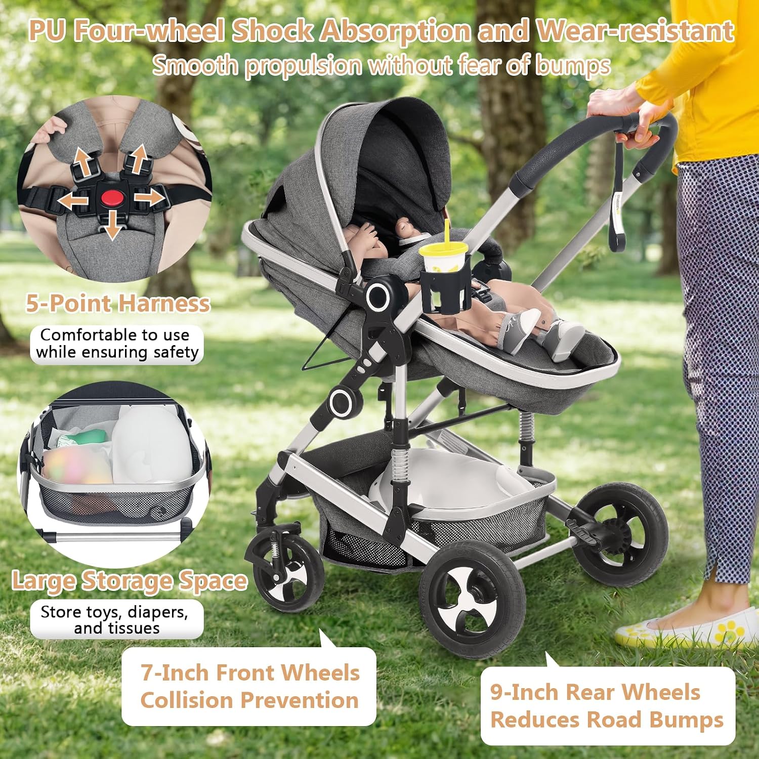 TODEFULL Convertible Baby Stroller, 3 in 1 Folding Infant Stroller, High Landscape Pushchair w/Adjustable Backrest & Canopy, Newborn Pram with Foot Cover, Storage Basket, Dark Grey