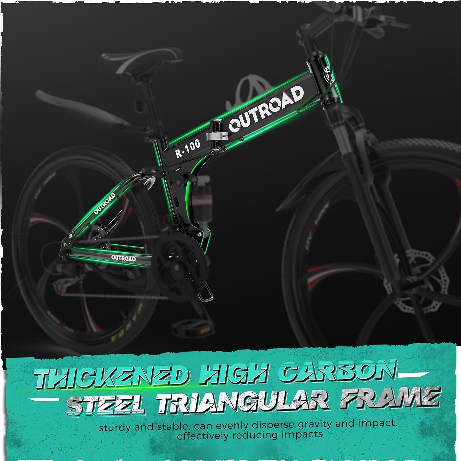Outroad 26 Inch Folding Mountain Bike, 21 Speed Full Suspension High-Carbon Steel MTB Foldable Bicycle, Dual Disc Brake Non-Slip Folding Bikes for Adults/Men/Women, Black, Orange and Green