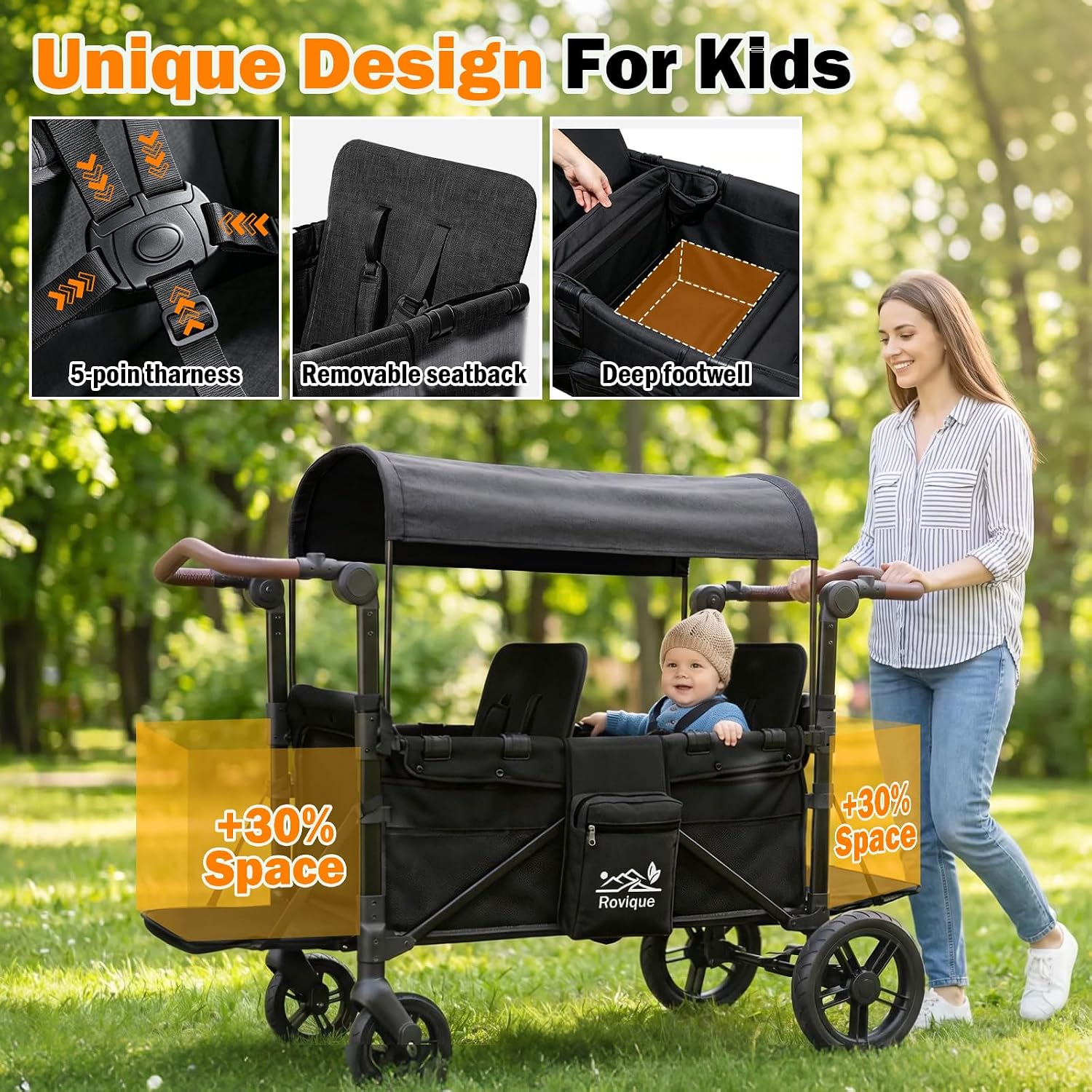 Wagon Stroller for 2 Kids, All-Terrain Stroller Wagon with Extra Long Extender, Aluminum Foldable Baby Wagon with Convertible Seats, Removable Canopy, Snack Tray, Adjustable Push/Pull Handle
