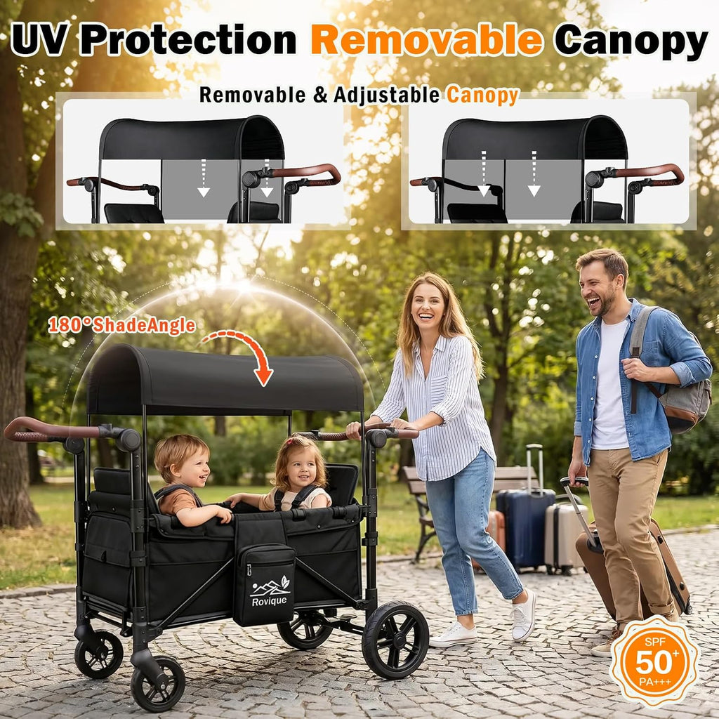 Wagon Stroller for 2 Kids, All-Terrain Stroller Wagon with Extra Long Extender, Aluminum Foldable Baby Wagon with Convertible Seats, Removable Canopy, Snack Tray, Adjustable Push/Pull Handle