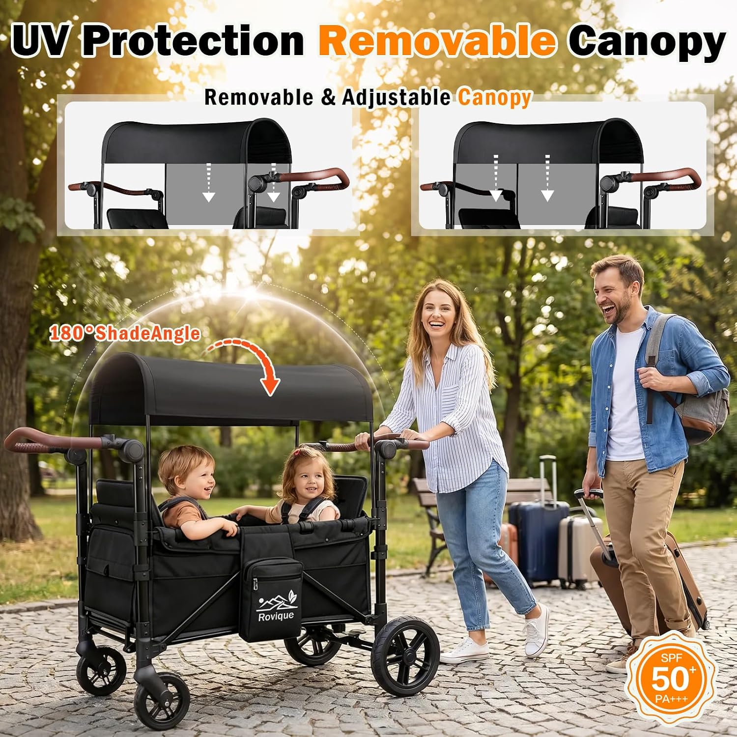 Wagon Stroller for 2 Kids, All-Terrain Stroller Wagon with Extra Long Extender, Aluminum Foldable Baby Wagon with Convertible Seats, Removable Canopy, Snack Tray, Adjustable Push/Pull Handle