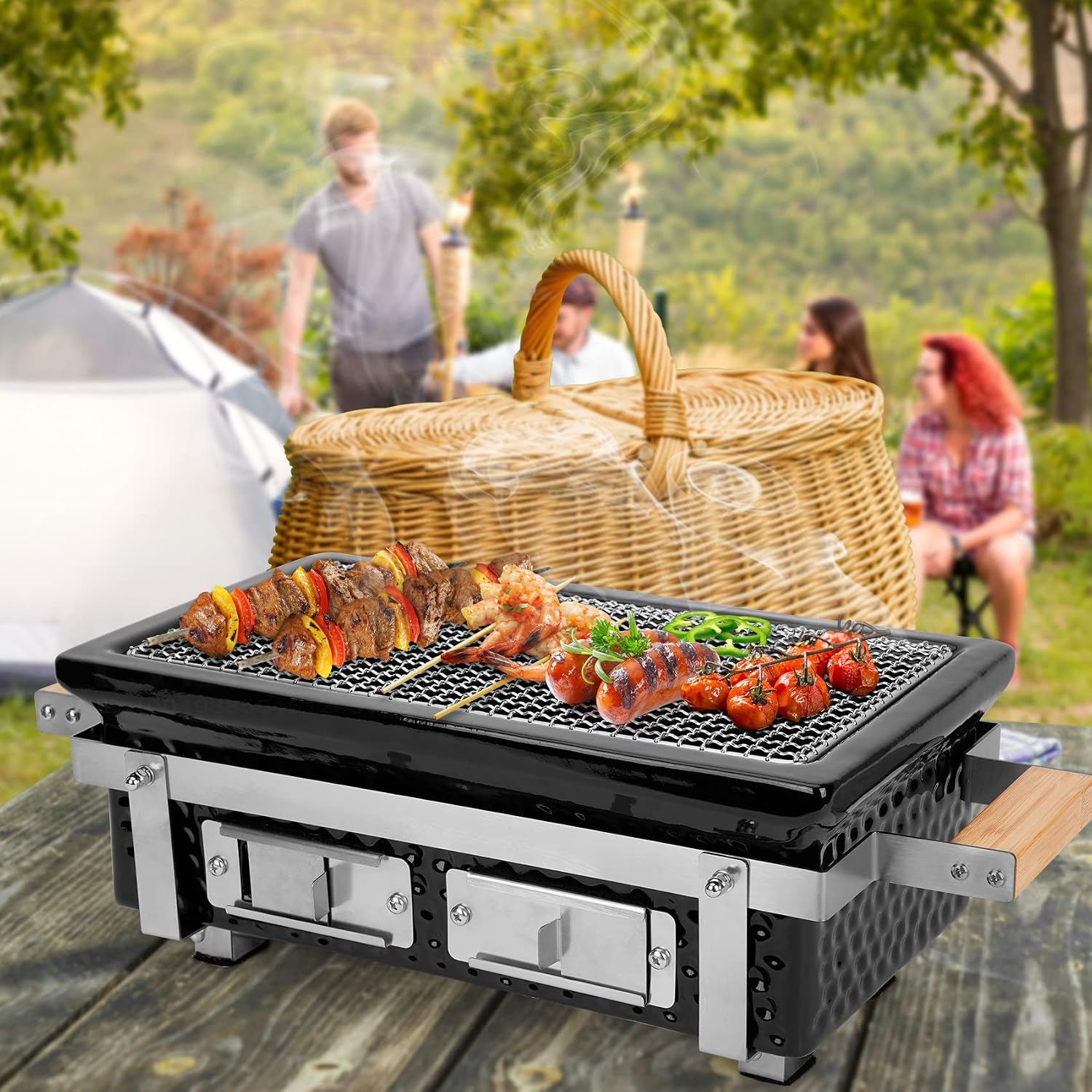 ONLYFIRE GRILLS Charcoal BBQ Hibachi Grill with Grid Lifter, Portable Yakitori Grill with Stainless Steel Grate, Barbecue Stove for Outdoor Camping Picnic Patio Backyard Cooking, GS306