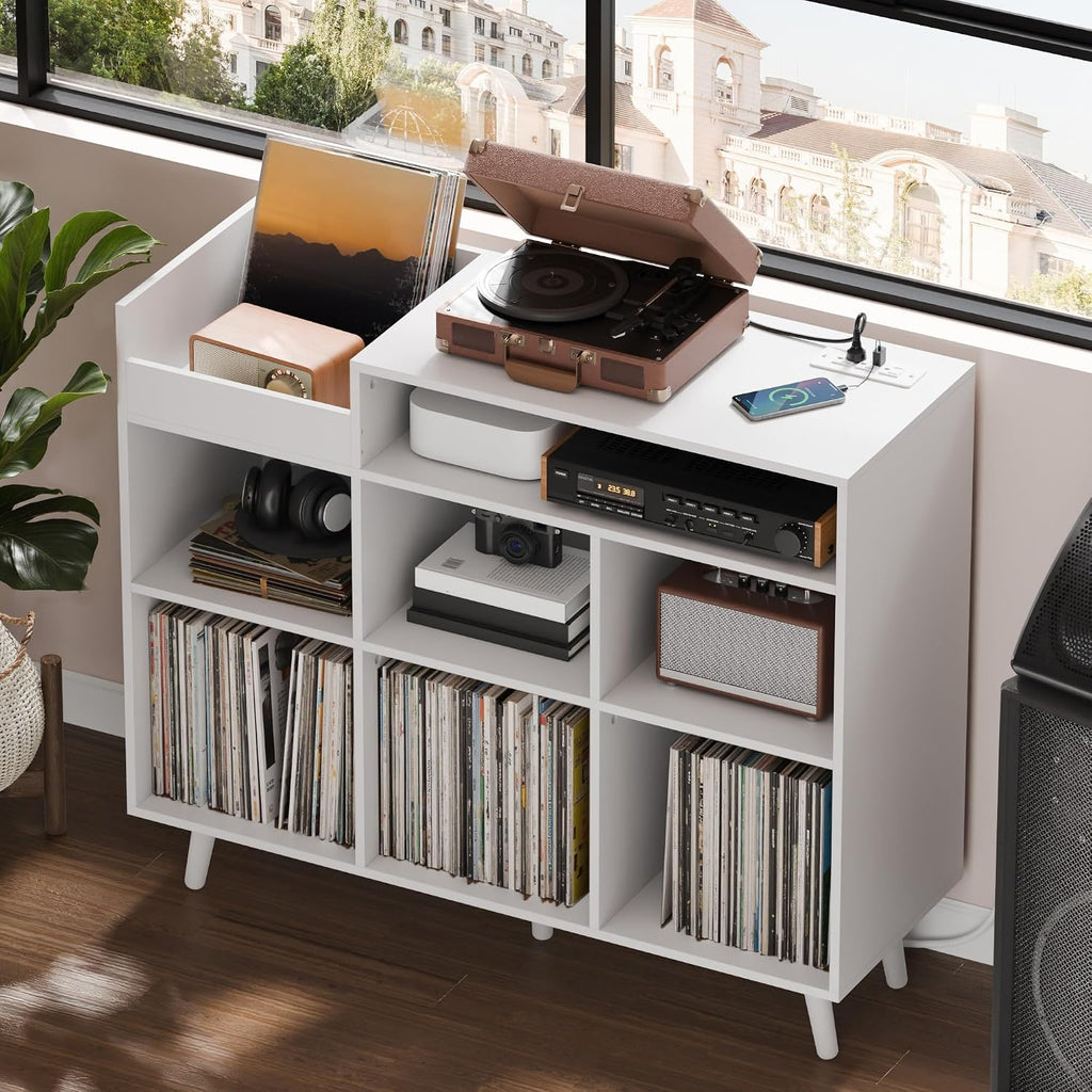 Cozy Castle Large Record Player Stand with Vinyl Storage Cabinet, Wood Turntable Table Open Shelf Holder Up to 500 Albums Cube Storage Organizer for Living Room, Office, White