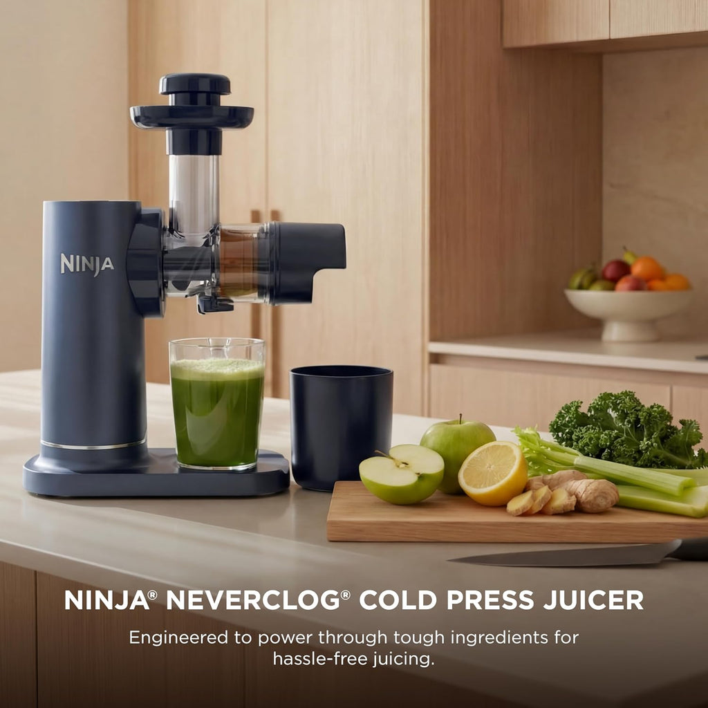Ninja NeverClog Cold Press Juicer | Powerful Electric Slow Masticating Juicer with Pulp Control | XL Capacity | 24 oz. Juice Jug & 36 oz. Pulp Container | Dishwasher Safe | Navy | 150W | JC151NV