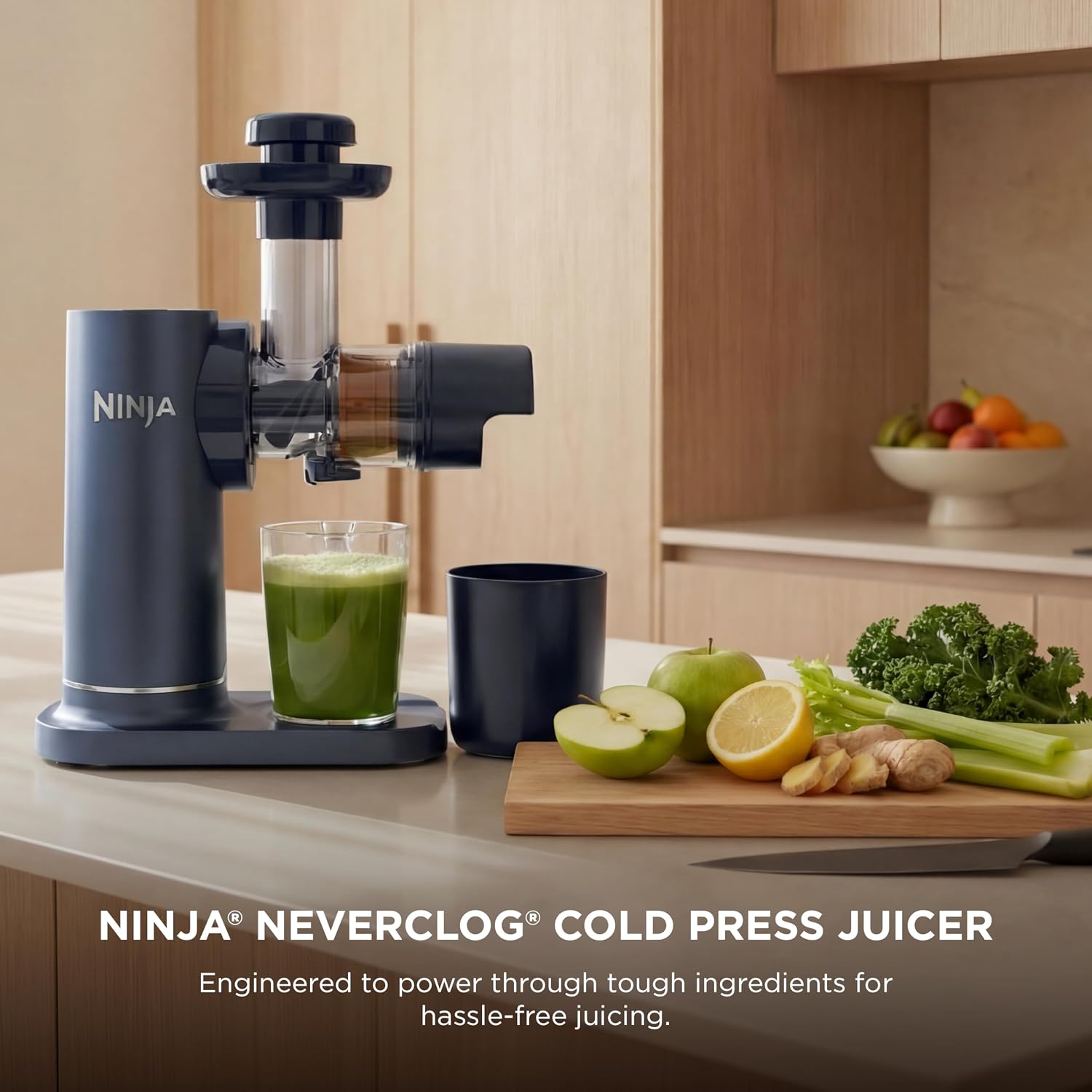 Ninja NeverClog Cold Press Juicer | Powerful Electric Slow Masticating Juicer with Pulp Control | XL Capacity | 24 oz. Juice Jug & 36 oz. Pulp Container | Dishwasher Safe | Navy | 150W | JC151NV