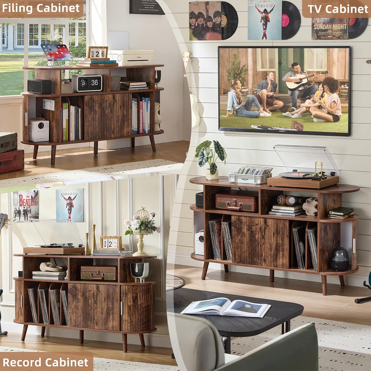 LELELINKY Extra Large Round Record Player Stand with Charging Station & Fluted Panel, Mid Century Modern Turntable Cabinet with Vinyl Storage, Arched Wood Record Player Table for Living Room,Brown