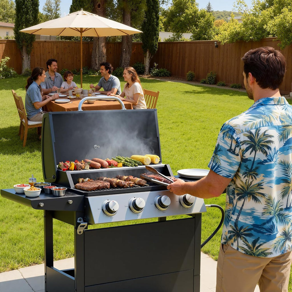 EUHOME 4-Burner Stainless Steel Gas Grill | 34,000 BTU Total Output & 421 sq.in Cooking Area | Powerful Even-Heat System for Large Family BBQs & Backyard Parties