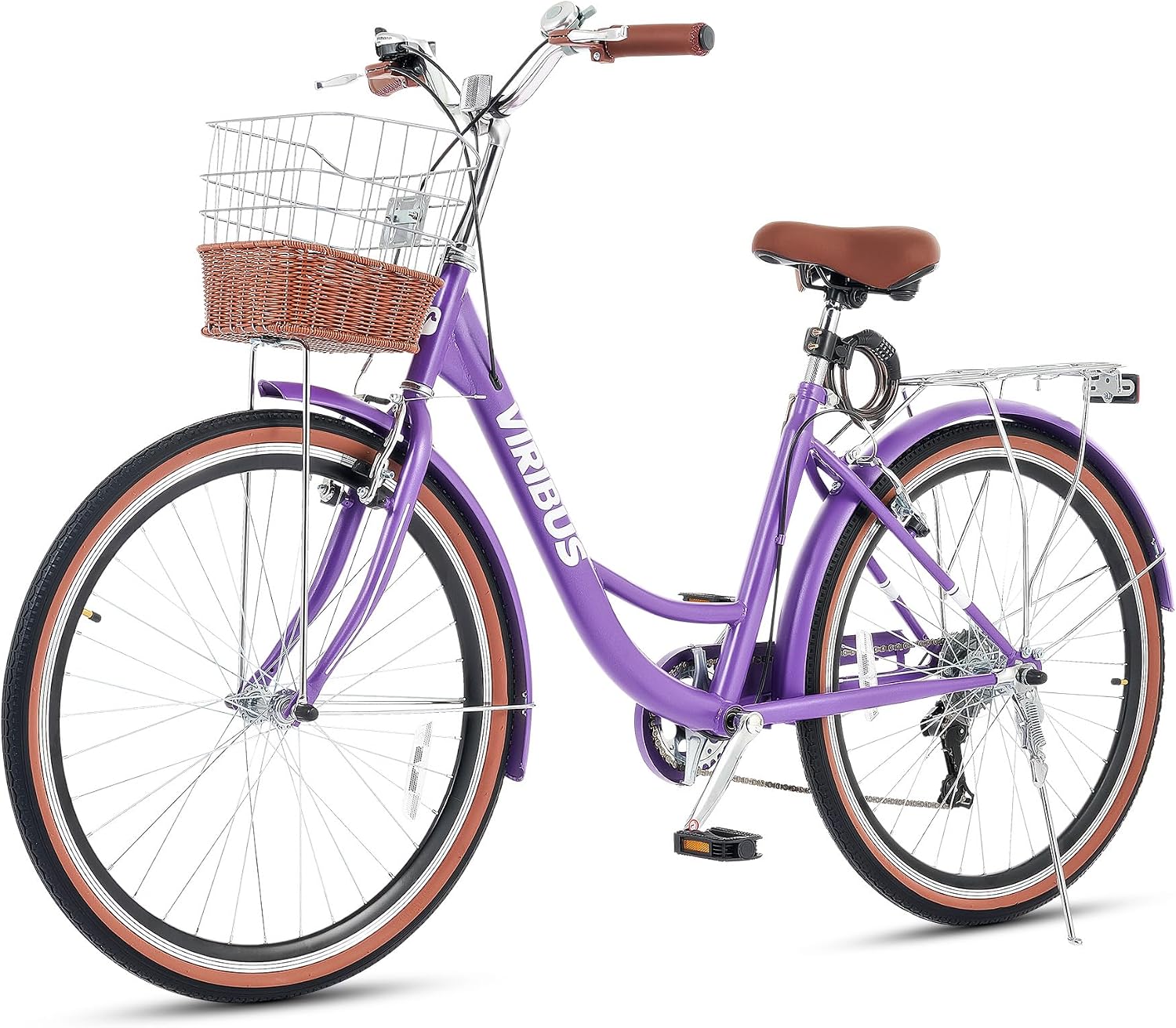 VIRIBUS Womens Cruiser Bike, 7 Speed Beach Cruiser Bike for Women, 26 inch Women Bicycle with Rattan Basket, City Commuter Vintage Retro Step Through Bicycle for Female Ladies Seniors, 330 Lb.