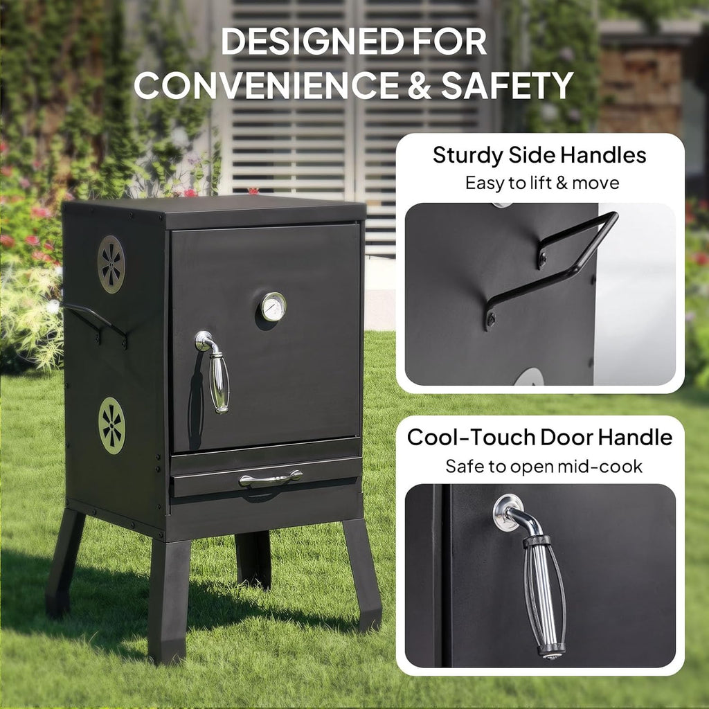 ROVSUN 2-in-1 Outdoor Smoker with Door, Vertical Portable Charcoal Grill with Two Detachable Grill Smoking Racks and Charcoal Pan, Perfect for Camping Barbecue, Small Families, Black