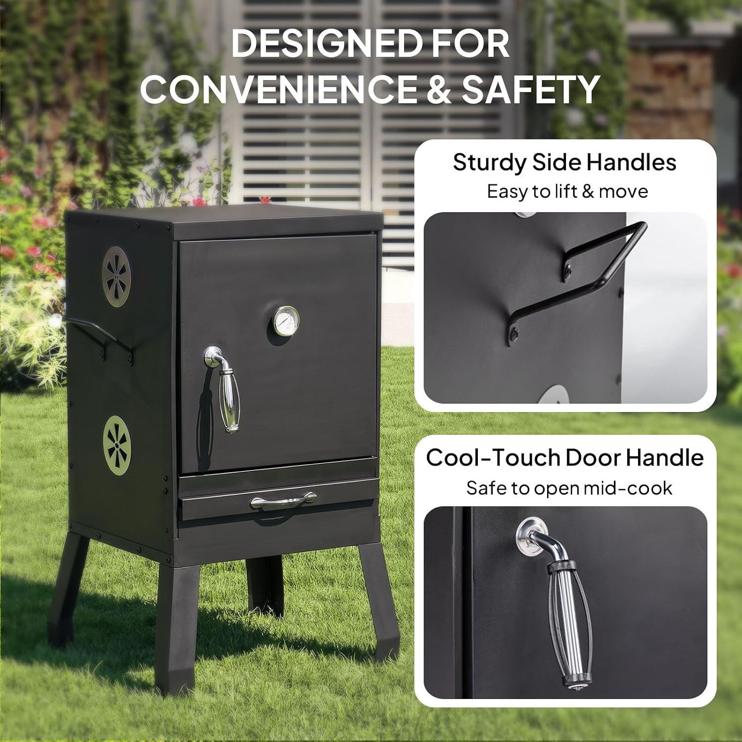 ROVSUN 2-in-1 Outdoor Smoker with Door, Vertical Portable Charcoal Grill with Two Detachable Grill Smoking Racks and Charcoal Pan, Perfect for Camping Barbecue, Small Families, Black