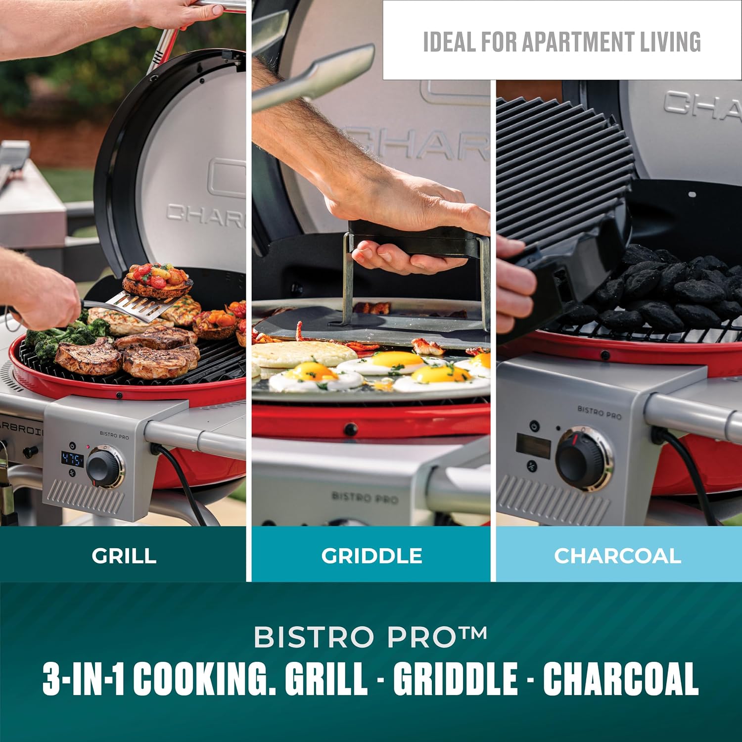 Charbroil 3-in-1 Dual Fuel Outdoor Bistro Pro Electric Grill & Griddle + Charcoal Mode BBQ, Red - 25302146