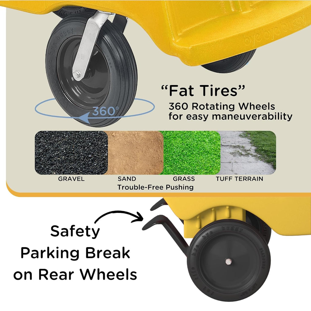 Angeles Bye Bye Buggy 6 Passenger Stroller, Sturdy Daycare Stroller with Fat Tires, Easy-to-Fasten Safety Buckles, Parking Brake, & 360 Pivoting Wheels, Yellow