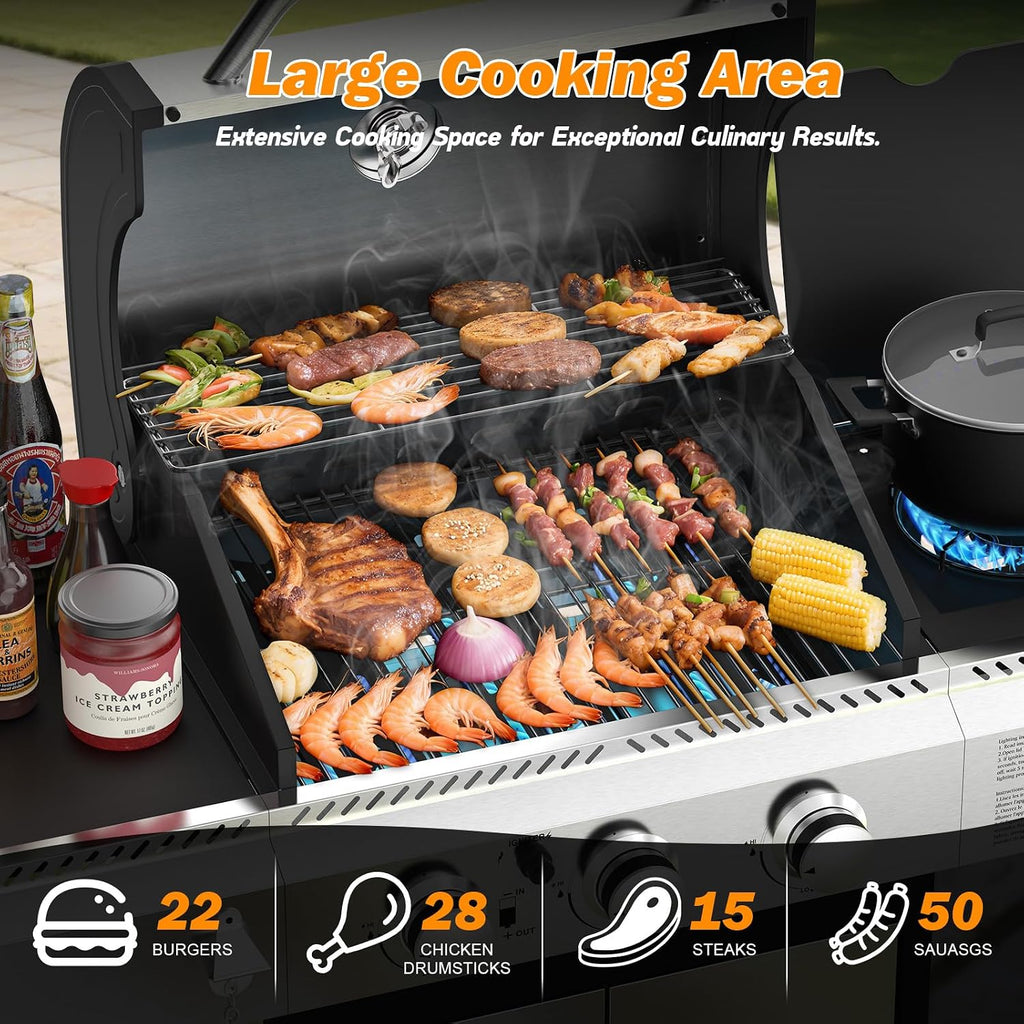 Electactic 3-Burner Propane Gas BBQ Grill with Side Burner,Stainless Steel Grill with Porcelain-Enameled Grates,37000 BTU Barbecue Grill, Suitable for Outdoor Cooking,Camping,Patio Backyard
