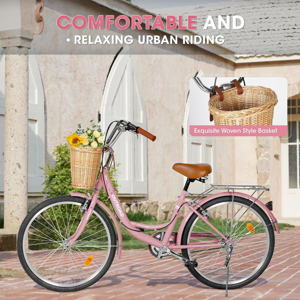 Outroad Beach Cruiser Bike, 24/26 inch Commuter Bicycle for Adult and Women,High-Carbon Steel Comfortable City Bikes with Rear Rack and Basket, (Black/Pink/White/Green/Purple)