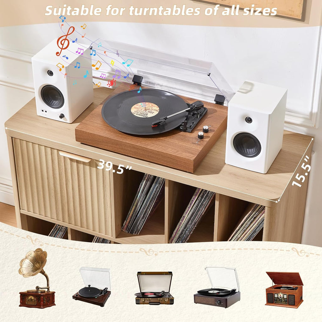 LEYAOYAO Large Record Player Stand with Vinyl Storage Up to 450 Albums, Wood Fluted Boho Record Storage Accent Cabinet, Modern Stereo Media Cabinets, Wide Turntable Stand for Living Room, Natural Oak