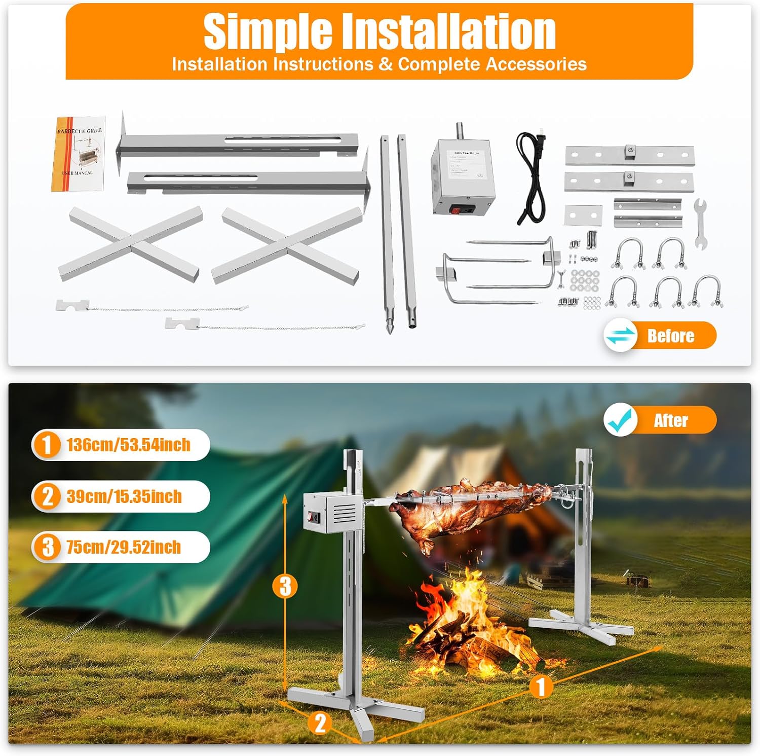 53' Electric BBQ Rotisserie Grill Kit, Rotisserie Kit for Grill with Automatic Rotisserie Motor, Pig Spit Rotisserie Grill, Height Adjustable Stainless Steel Roaster Stand for Roasting Pig Lamb