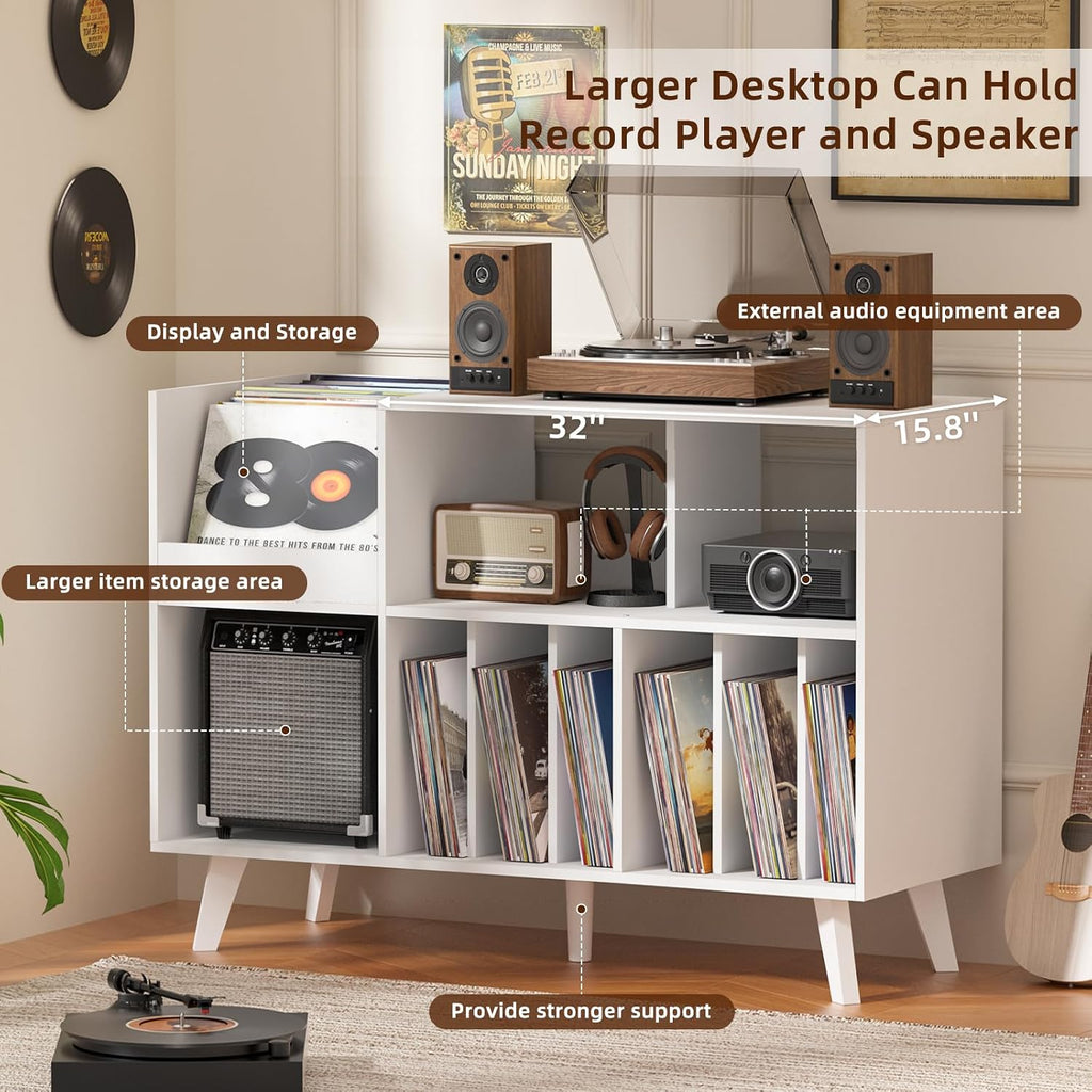 LELELINKY Large Record Player Stand, 48''Turntable Stand with Storage, Vinyl Record Holder with Display Area, Record Player Table Holds Up to 450 Albums, Record Stand for Music Room Living Room
