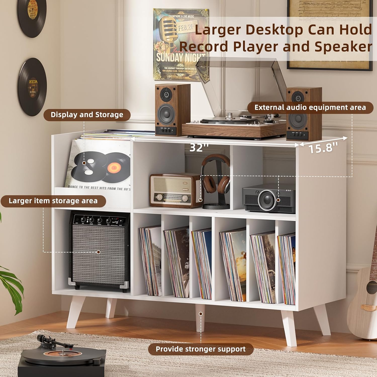 LELELINKY Large Record Player Stand, 48''Turntable Stand with Storage, Vinyl Record Holder with Display Area, Record Player Table Holds Up to 450 Albums, Record Stand for Music Room Living Room