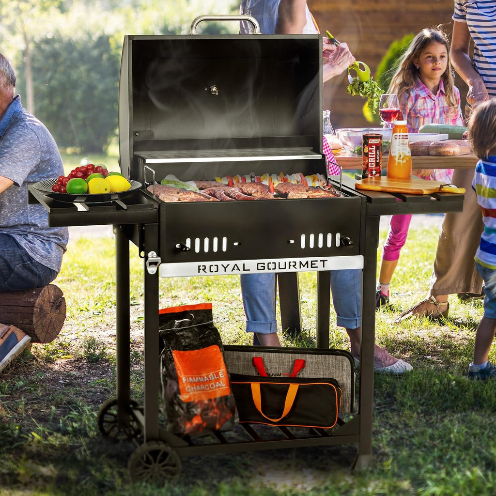 Royal Gourmet 24-Inch Movable Charcoal BBQ Grill with Foldable Side Shelves, Temperature-Controlled, 461 Sq., Ideal for Backyard Party, Outdoor Picnic, Patio Cooking, Garden Grilling, Black