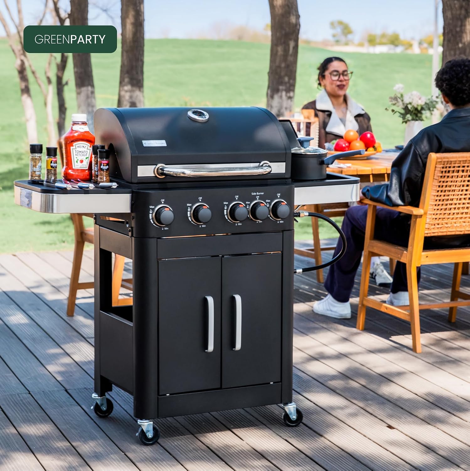 2 in 1 Propane Gas BBQ Grill with Side Burner & Porcelain-Enameled Cast Iron Grate, 4-Burner Flat Top Grill, 46,700 BTU Outdoor Barbecue Propane Griddle Grill Combo for Camping, Patio, Backyard