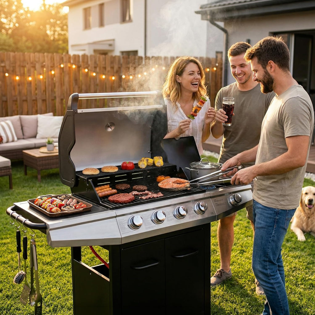 MASTER COOK 4+1 Burners Gas Grill, 518 Sqin Cooking Area, 52,000 BTU Propane Grill with Side Burner, Stainless Steel Cabinet Grill, Black