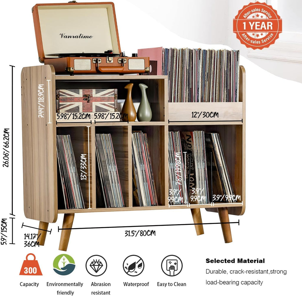 Record Player Stand, Large Record Player Table Cabinet with Open Vinyl Storage and Display Shelf Holds up to 350 Albums, Mid Century Wood Turntable for Living Room, Bedroom (Walnut)