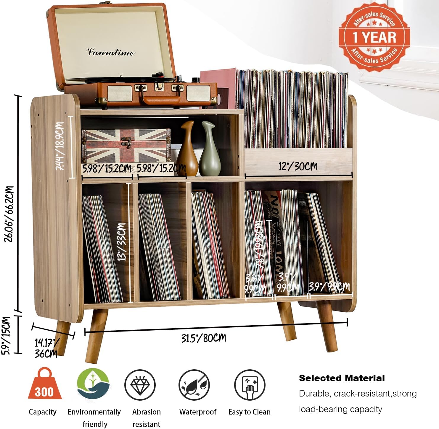 Record Player Stand, Large Record Player Table Cabinet with Open Vinyl Storage and Display Shelf Holds up to 350 Albums, Mid Century Wood Turntable for Living Room, Bedroom (Walnut)