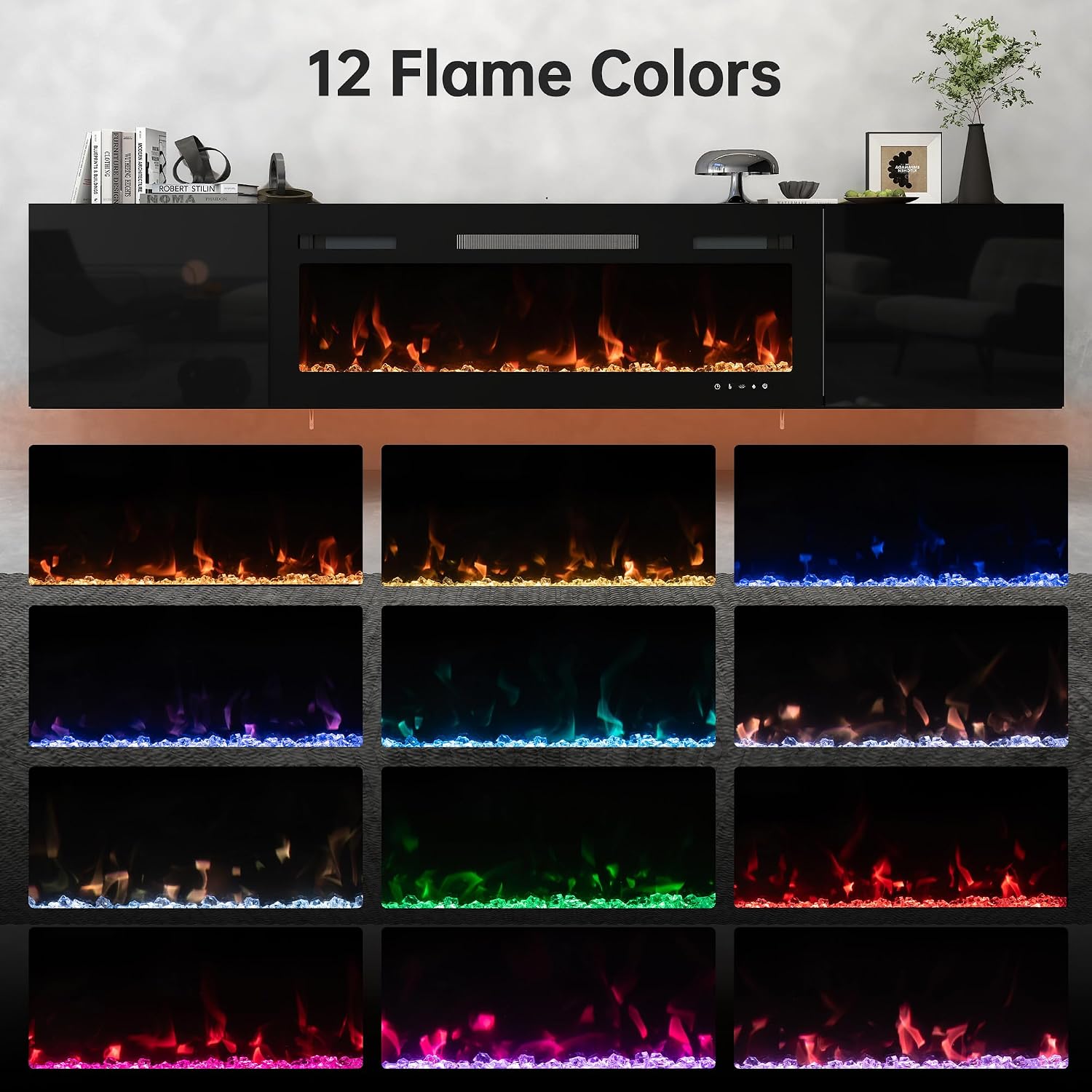 Real Relax 80' Floating TV Stand with 40' Electric Fireplace, Wall Mounted Entertainment Center with Storage, Remote Control, Modern LED Lights Fireplace TV Console for TVs Up to 90', All Black