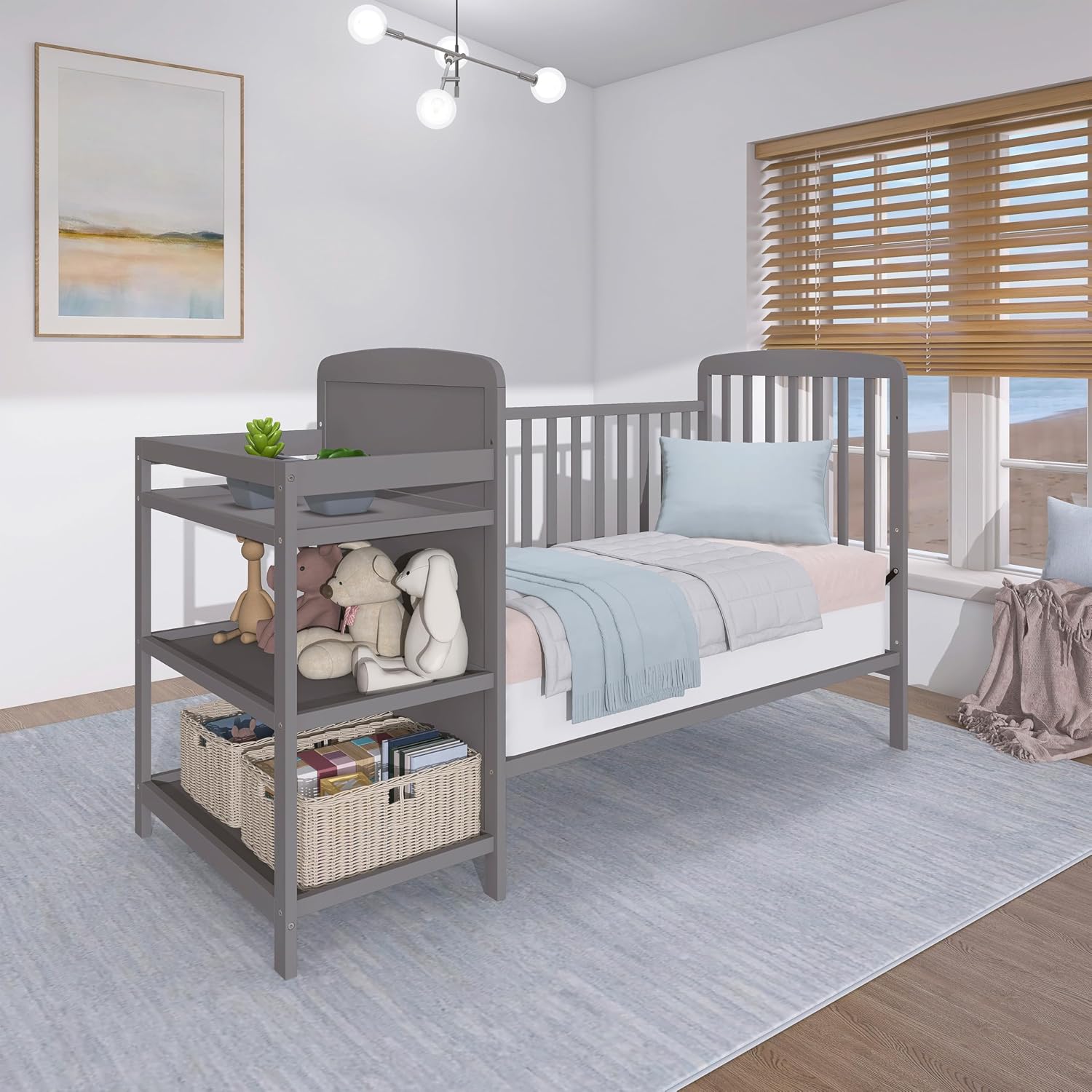 Dream On Me Anna 3-in-1 Convertible Full-Size Baby Crib & Changer with Storage in Steel Grey, GreenGuard Gold & JPMA, Pinewood, Converts to Day & Toddler Bed, 3 Mattress Heights, 1″ Changing Pad