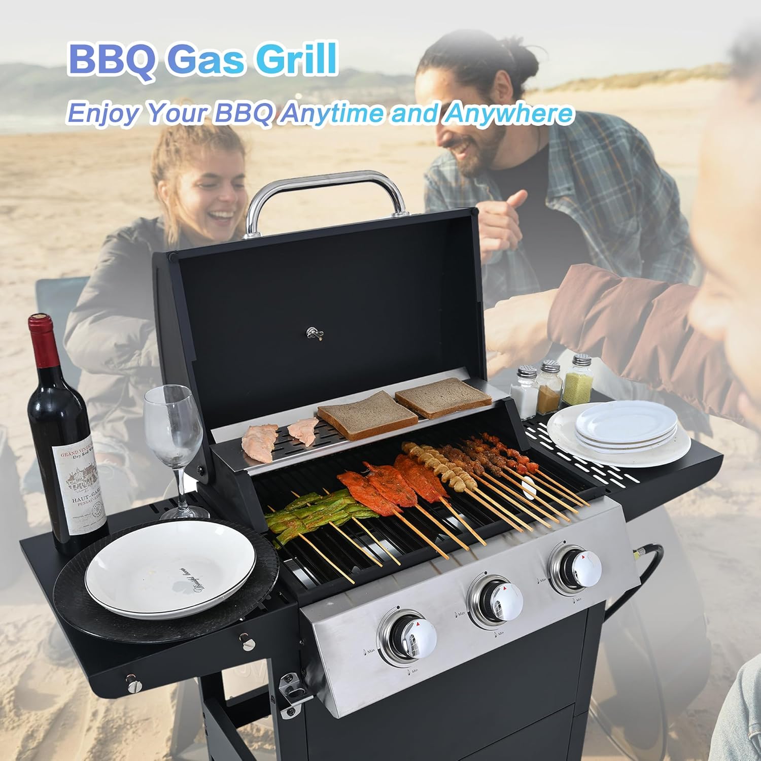 Endark Propane Gas Grill 3-Burner,26,000 BTU Stainless BBQ Grill with Porcelain-Enameled Cooking Grates,Built-In Thermometer,Includes Side Shelf and Wheels,Ideal for Backyard,Patio,Outdoor Cooking