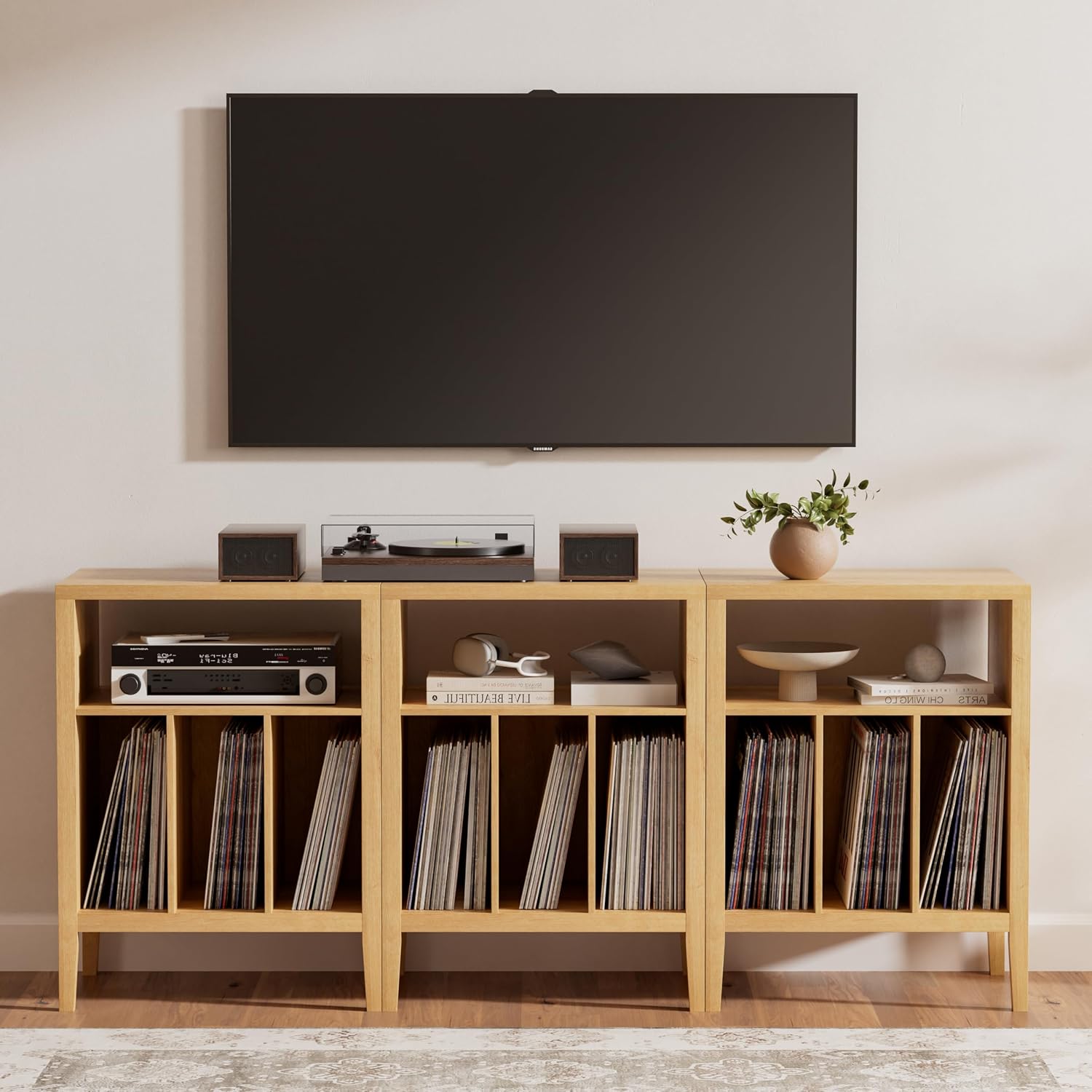Farmhouse Record Player Stand Set of 2, Vinyl Record Storage Cabinet with Open Shelf, Wood Cube Storage Organizer for Living Room, Office, Natural Oak