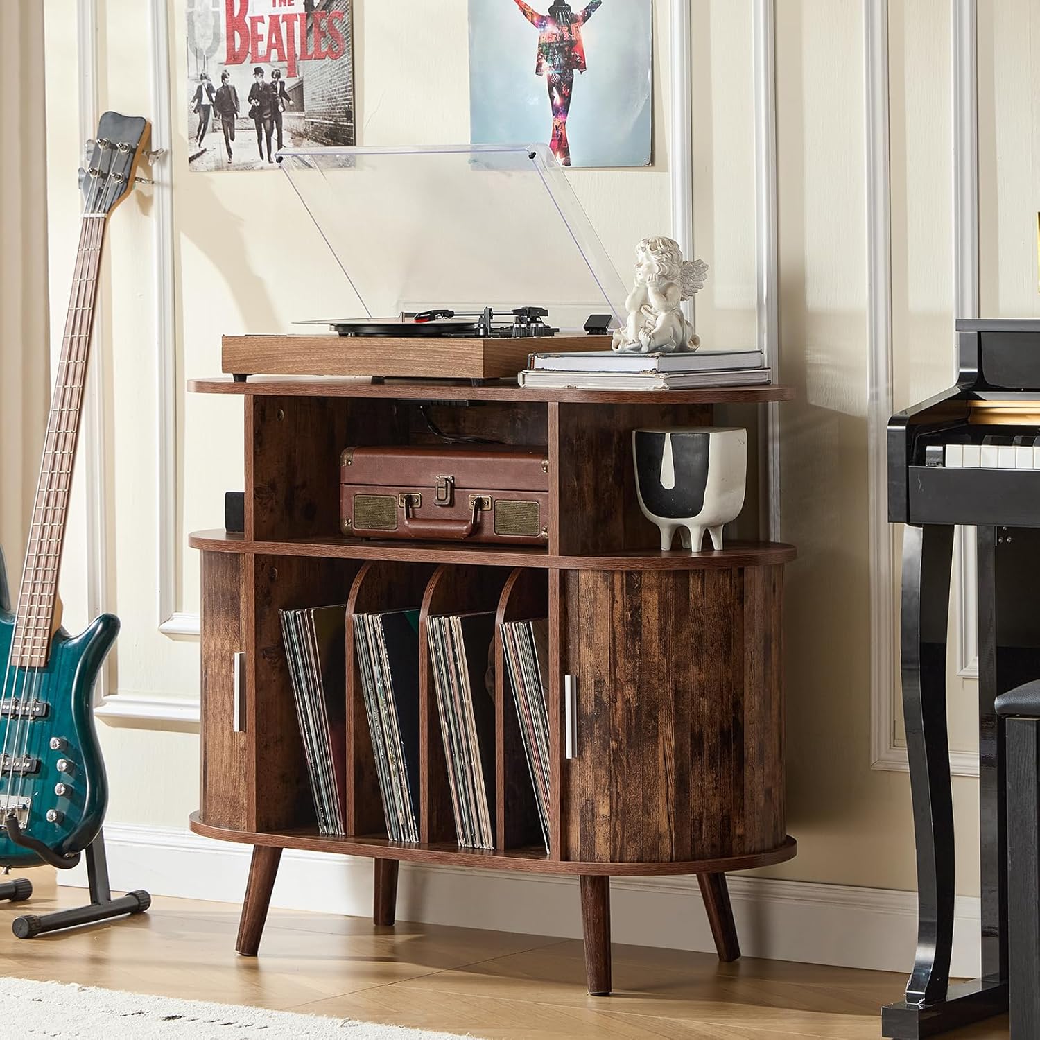 LELELINKY Large Round Record Player Stand with Charging Station & Fluted Panel, Brown Mid Century Modern Turntable Cabinet with Vinyl Storage, Arched Wood Record Player Table for Living Room