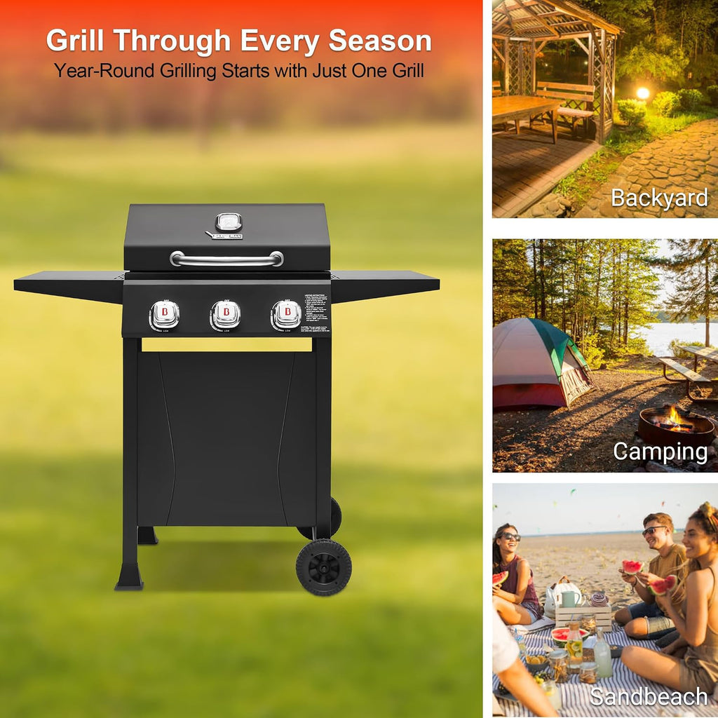 BRANDMAN GRILLS SINCE 1987 3-Burner Propane Gas Grill, 27,000 BTU BBQ Grill with Porcelain-Enameled Grates, Built-In Thermometer, Side Shelves, Heavy-Duty Wheels – Outdoor Grill for Patio & Backyard