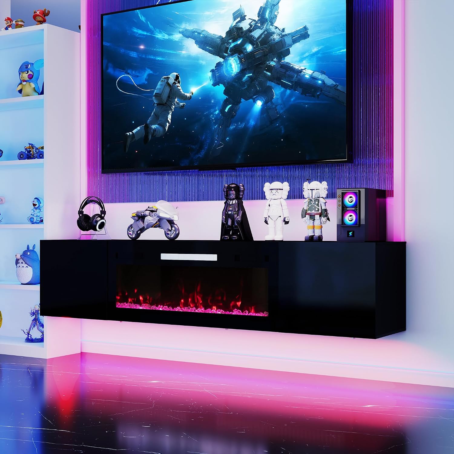 Real Relax 70' Floating TV Stand with 36' Electric Fireplace, Wall Mounted Entertainment Center with Storage, Remote Control, Modern LED Lights Fireplace TV Console for TVs Up to 80', All Black