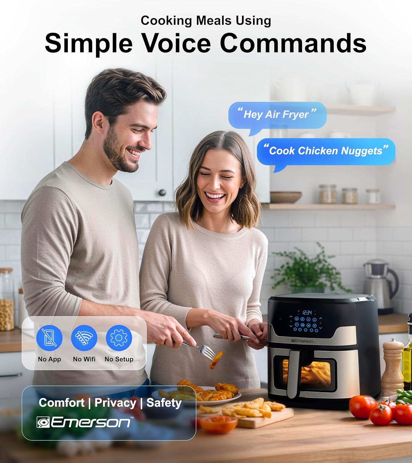 Emerson SmartVoice 5.3QT Air Fryer, 1000+ Voice Commands, 6-in-1 Digital Cooker, Compact Countertop Design, Oil-Free Healthy Cooking, Easy-Clean Nonstick Basket, 1500W