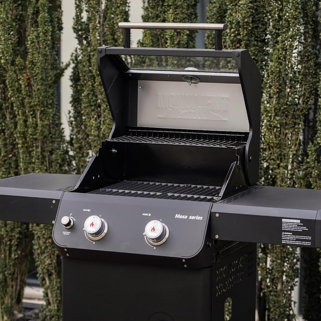 Monument Grills 2-Burner Foldable Stainless Steel Liquid Propane Gas Patio Garden Barbecue Grill with Clearview® Lid, Knob Control Mesa220 with BBQ Cover