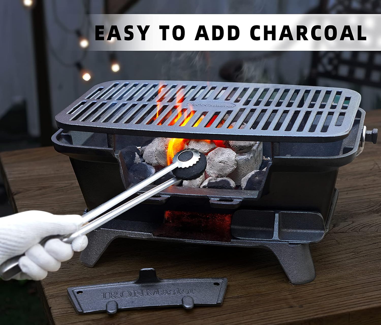 IronMaster Hibachi Grill Outdoor - Small Portable Charcoal Grill, 100% Cast Iron, Japanese Yakitori Tabletop Camping Grill - Cooking Grate Surface 17' x 10.5' for 5-8 People