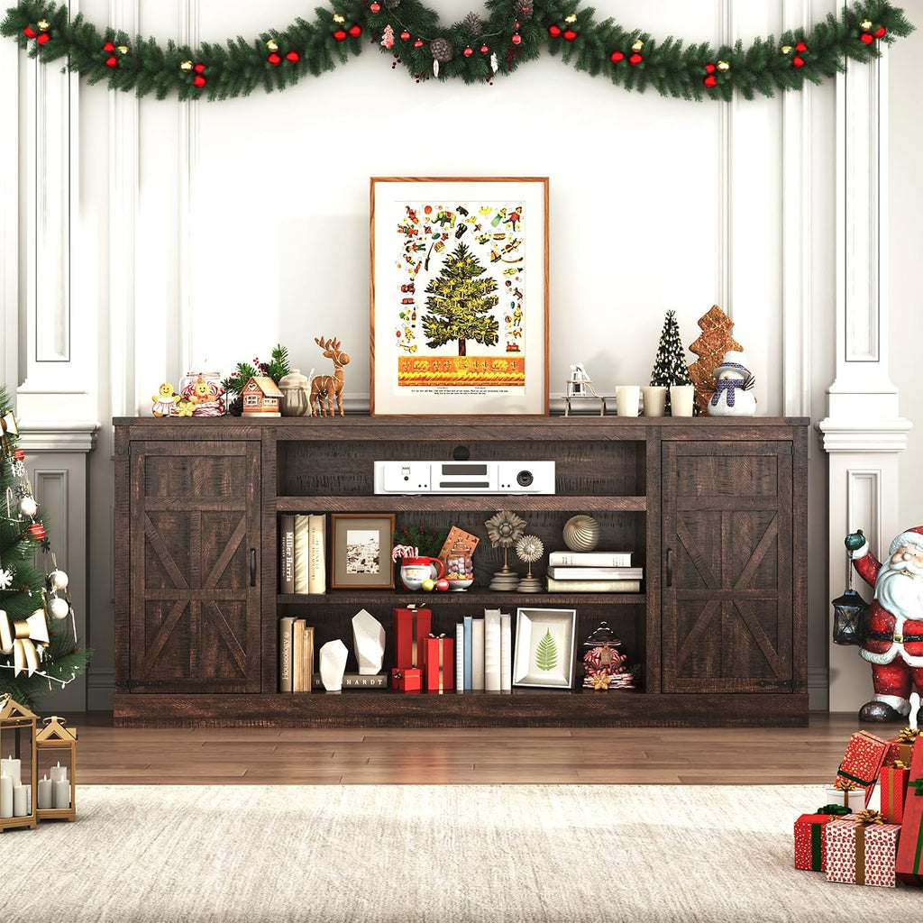 Hlivelood 75' Farmhouse TV Stand with Power Outlets for 85 Inch TVs, 33' Tall Entertainment Center with Storage Cabinets w/Adjustable Shelves, Rustic Large TV Media Console, Brown