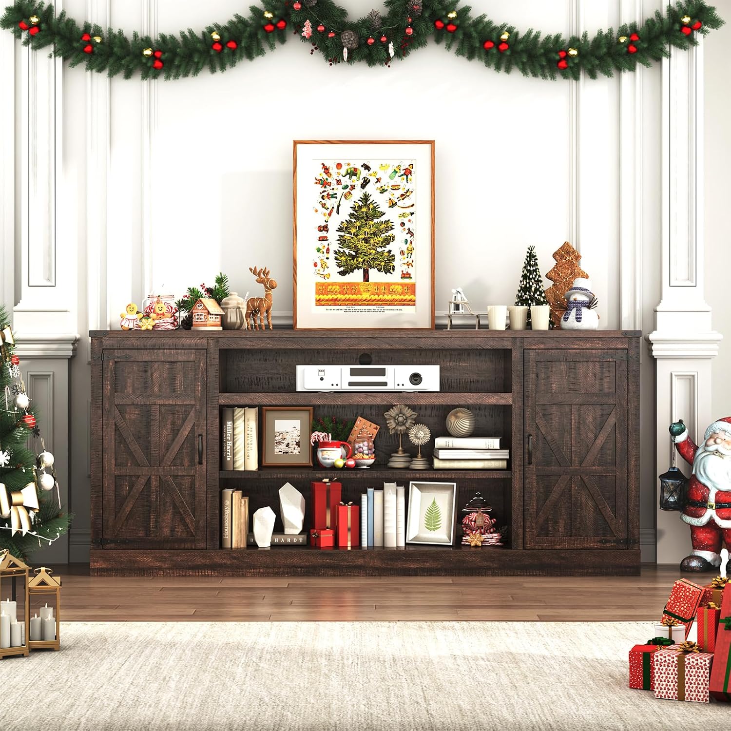 Hlivelood 75' Farmhouse TV Stand with Power Outlets for 85 Inch TVs, 33' Tall Entertainment Center with Storage Cabinets w/Adjustable Shelves, Rustic Large TV Media Console, Brown