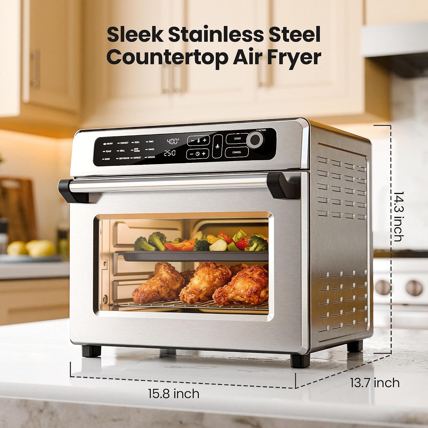 Kismile 25QT Air Fryer Toaster Oven Combo, 12-in-1 Large Countertop Convection Airfryer Oven, 70–450℉, Bake, Roast, Reheat, Broil, Fits 12″ Pizza, Includes Full Accessories, Stainless Steel(Silver)
