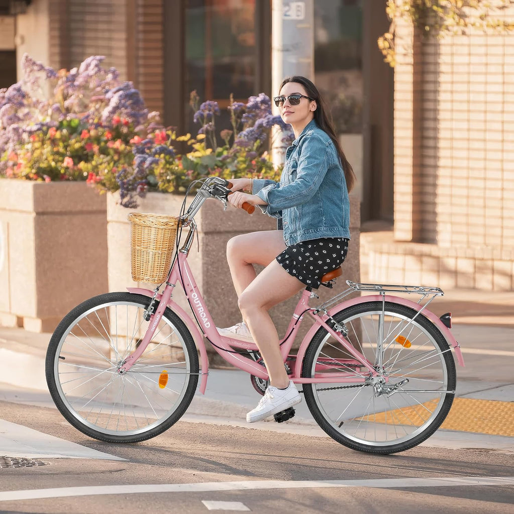 Outroad Beach Cruiser Bike, 24/26 inch Commuter Bicycle for Adult and Women,High-Carbon Steel Comfortable City Bikes with Rear Rack and Basket, (Black/Pink/White/Green/Purple)