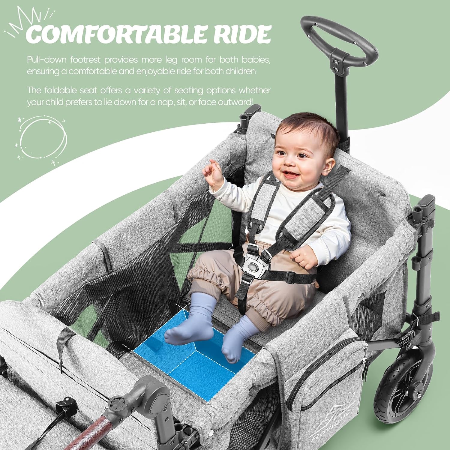 Rovique Wagon Stroller for 2 Kids,Premium Wagon for Kids with Removable Canopy, Snack Tray, Convertible Baby Bassinet, 5-Point Safety Harness, All-Terrain PU Wheels & Adjustable Push/Pull Handle,Grey