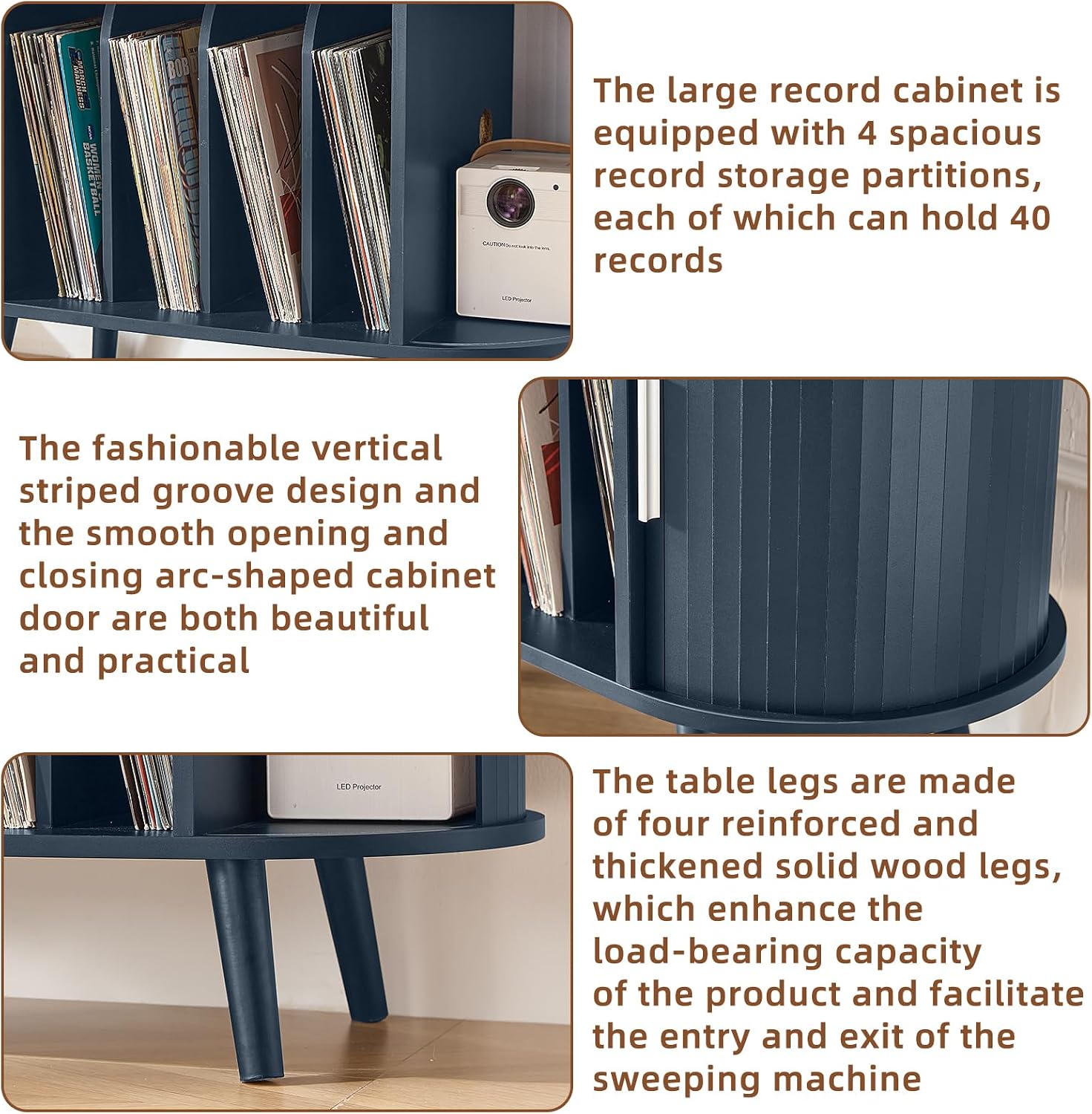 LELELINKY Large Round Record Player Stand with Charging Station & Fluted Panel,Navy Blue Mid Century Modern Turntable Cabinet with Vinyl Storage, Arched Wood Record Player Table for Living Room