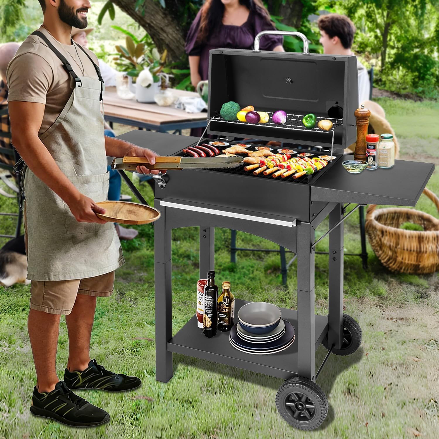 Charcoal Grills Outdoor BBQ Grill with 2 Side Table,Barbecue Grill Smoker with 343 Sq.in.Cooking Area for Outdoor Cooking Backyard Camping Picnics Beach by DNKMOR