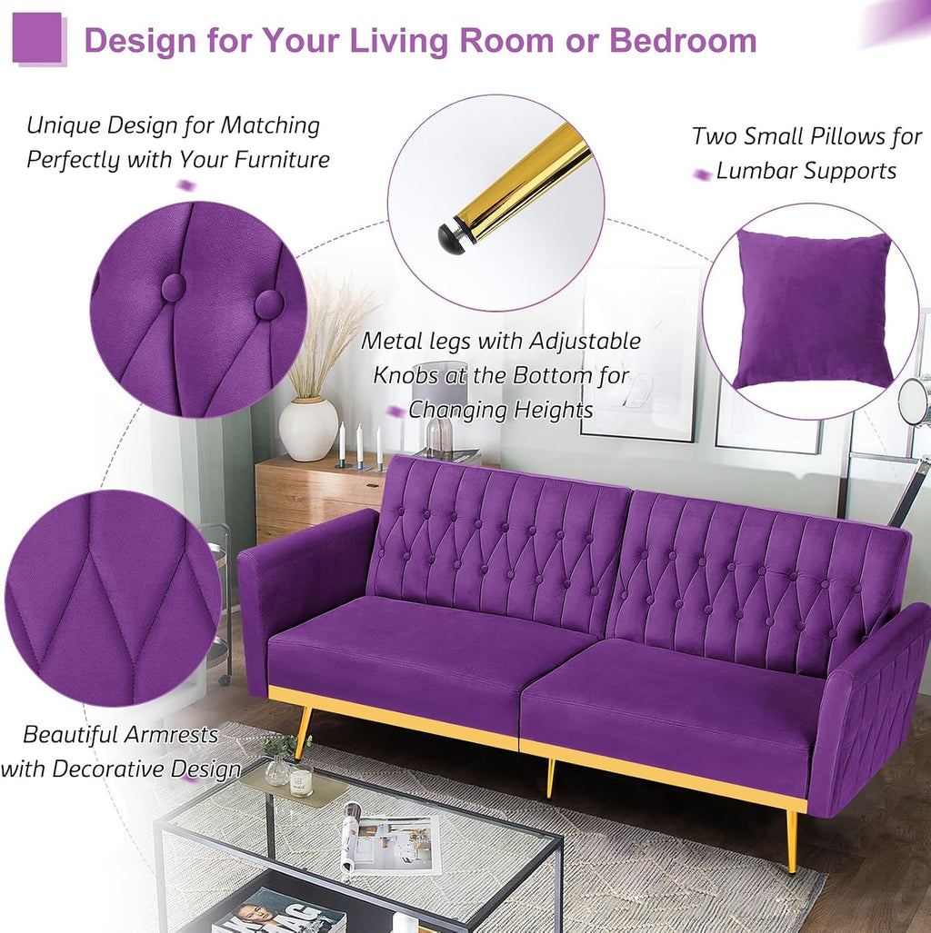 70' Velvet Futon Sofa Bed with 2 Pillows and Adjustable Armrests, Convertible Sleeper Bed W/Adjustable Backrests, Modern Loveseat for Living Room, Bedroom, Purpel