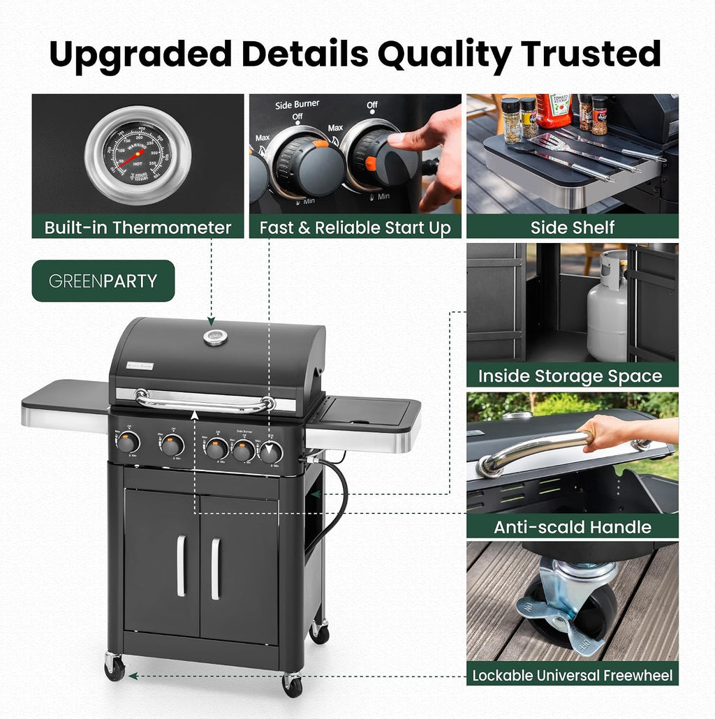 2 in 1 Propane Gas BBQ Grill with Side Burner & Porcelain-Enameled Cast Iron Grate, 4-Burner Flat Top Grill, 46,700 BTU Outdoor Barbecue Propane Griddle Grill Combo for Camping, Patio, Backyard