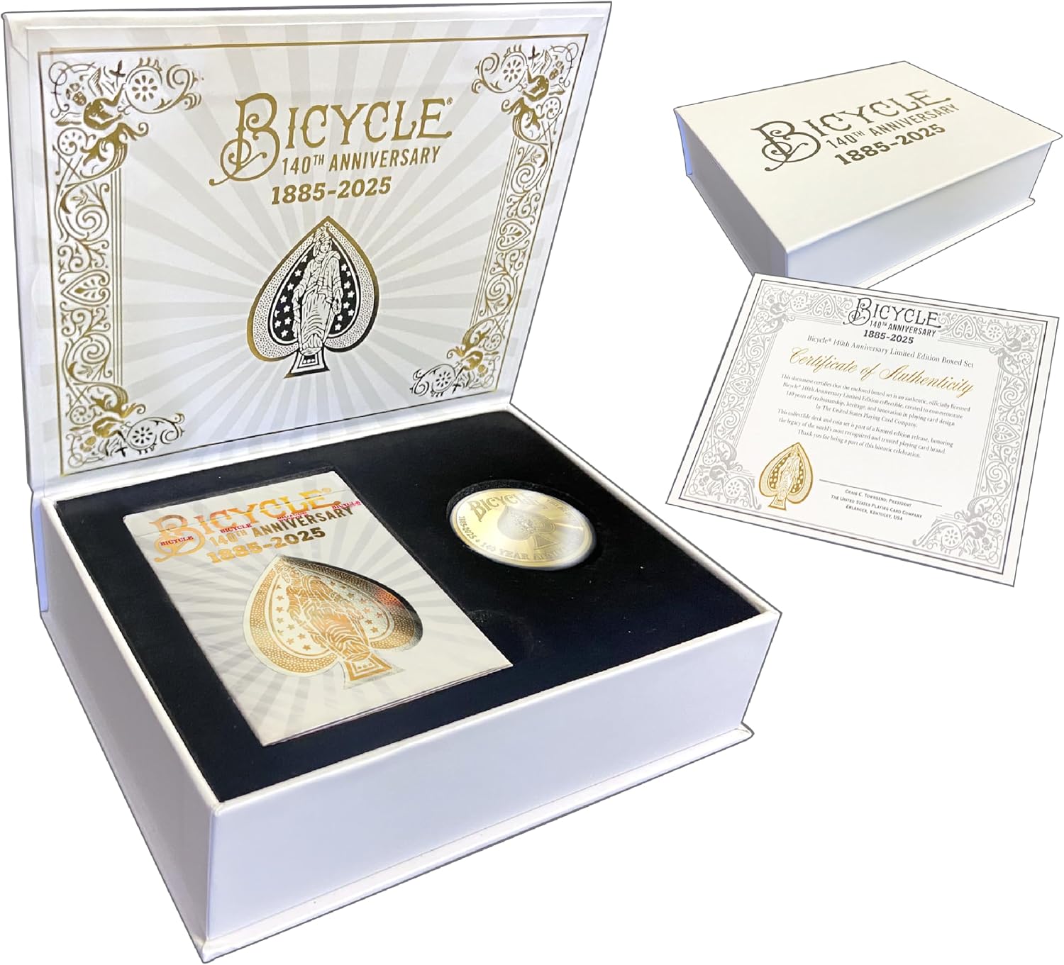 Bicycle 140th Anniversary Limited Edition Exclusive Playing Cards Set with 1 oz Pure Gold, 1 oz .999 Fine Silver, or Bronze Commemorative Collector Coin (Mystery Unboxing Coin)