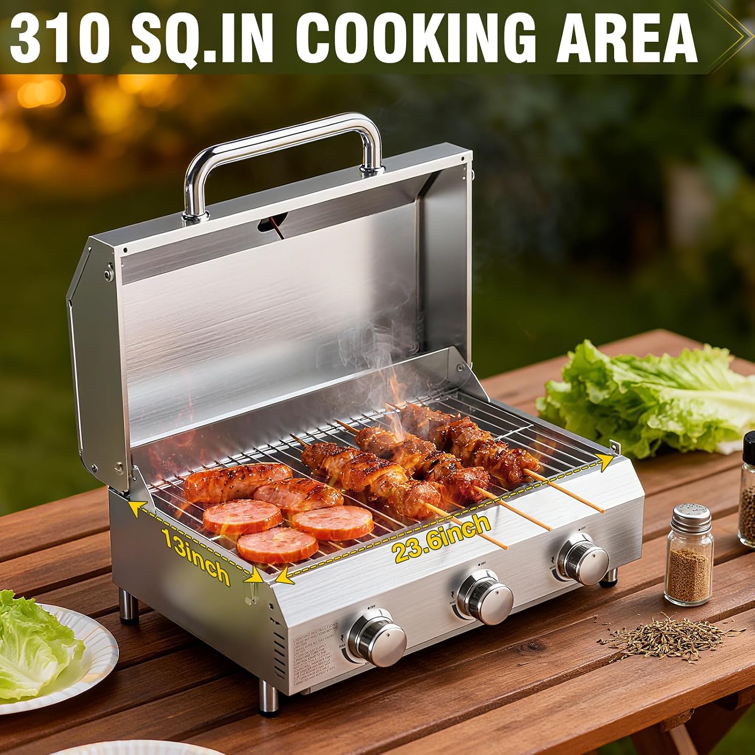 Bestfire 3-Burner Tabletop Propane Gas Grill with Dual Connections, 30,000 BTU Portable Propane Grill Fits Large Cylinders & Small Canisters, Stainless Steel Knobs, Compact Design for Camping, RV, BBQ