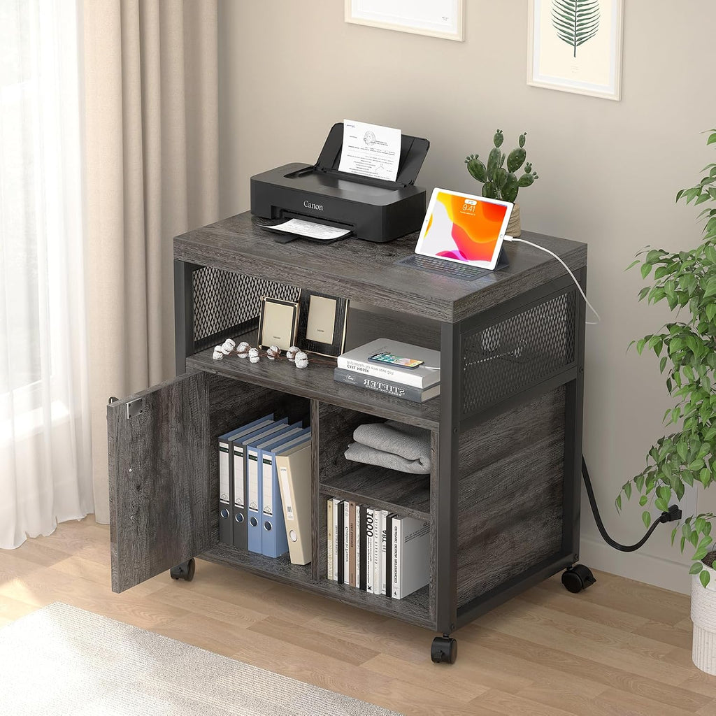 Unikito Rolling File Cabinet Lateral Office Filing Cabinets with Socket and USB Charging Port, Modern Printer Stand on Wheels Printer Cabinet with Door and Open Storage, Lockable, Black Oak