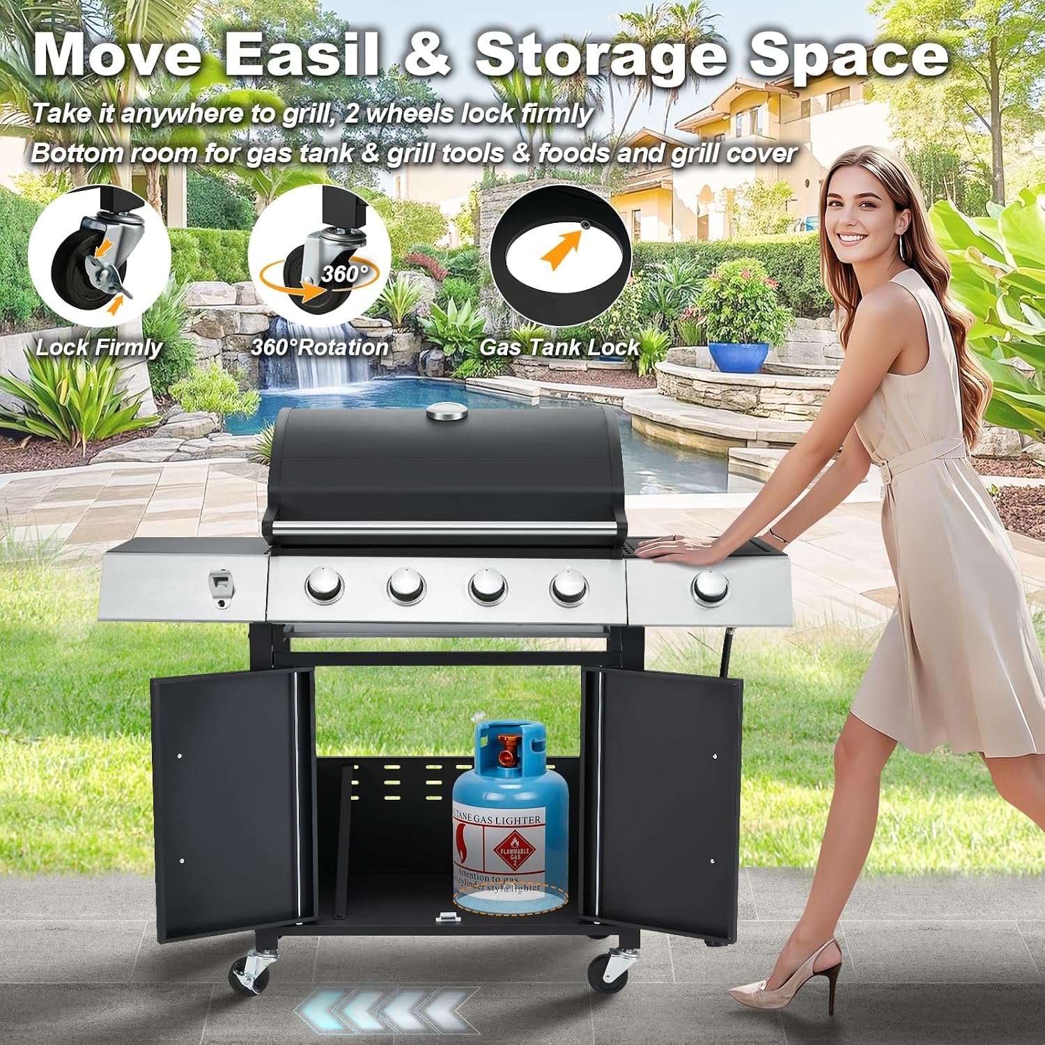MELLCOM Upgraded 44,000 BTU Stainless Steel Burner Barbecue Grill, 4 Burner BBQ Propane Gas Grill with Side Stove & Cast Iron Grates for Patio, Camping, Outdoor Cooking